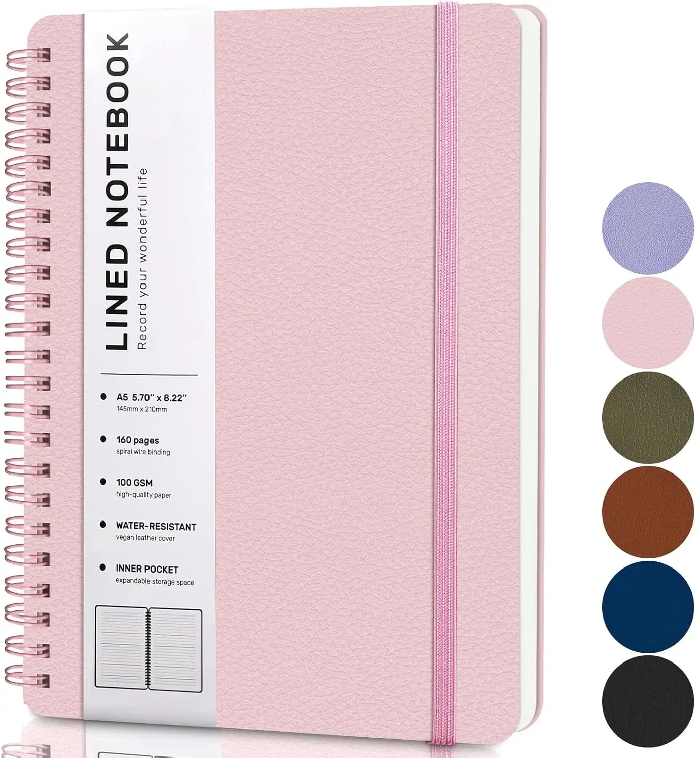 Pink Lined Spiral Notebook, 160 Pages, A5 Size, Hardcover Leather Journal for Work and School