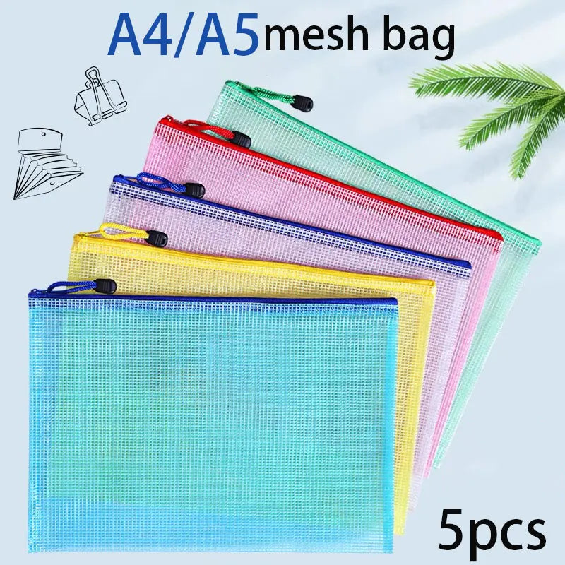 5pcs mixed color mesh zipper bag file bag waterproof zipper folder A4A5 school office supplies pencil bag storage bag