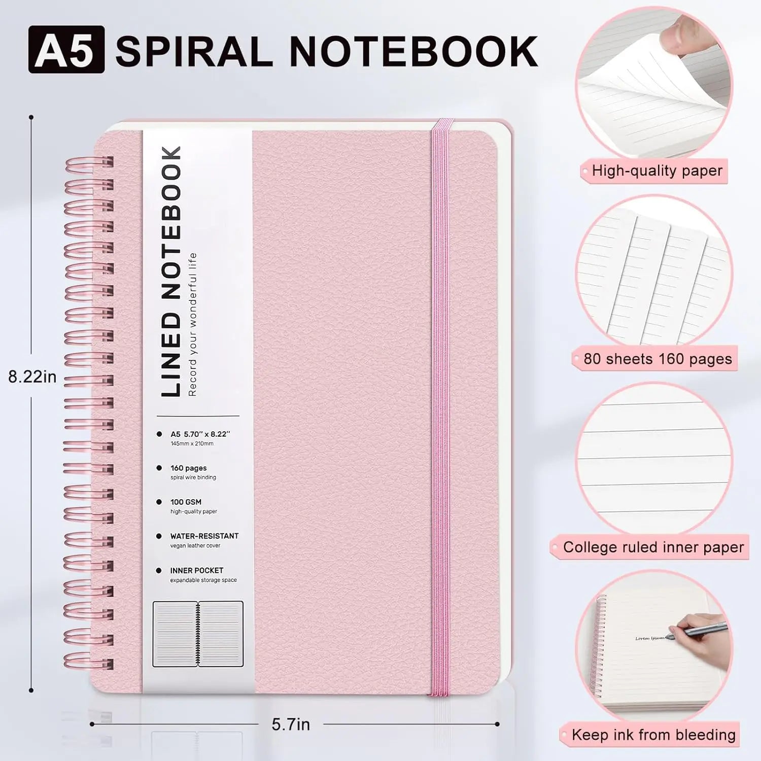 Pink Lined Spiral Notebook, 160 Pages, A5 Size, Hardcover Leather Journal for Work and School